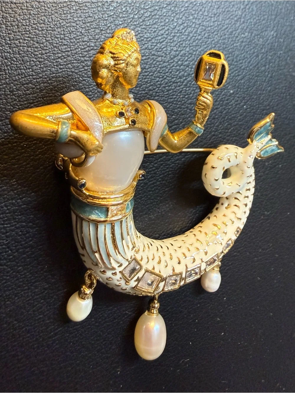 Gold-Tone Pearl & White Enamel Mermaid Brooch with Blue Accents